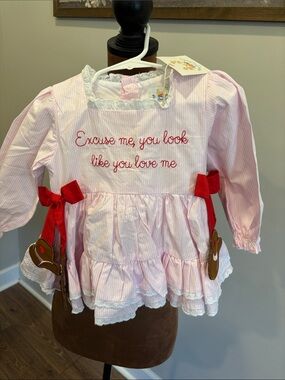 Busy Bee Smocks Pink Striped Ruffled Baby Dress with Red Bows/ Country Details